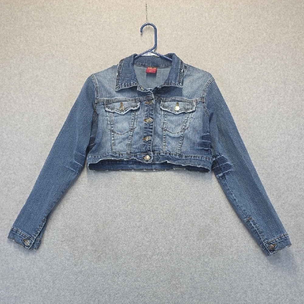 Detail Jeans Cropped Denim Jacket Stretch Blue Jean Jacket Size L
